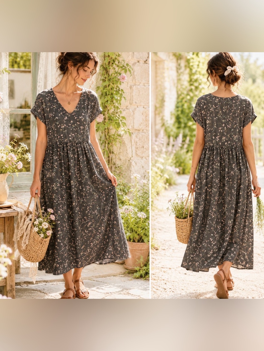 J. Jill Olive Floral relaxed Cottagecore Boho VTG Inspired Maxi Dress Size Large